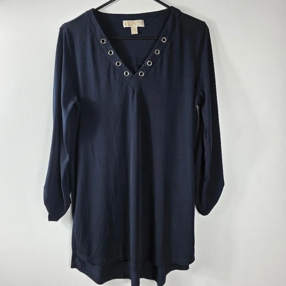 Michael Kors Navy Blue V Neck Grommet Detail Long Sleeve Tunic Top M‎